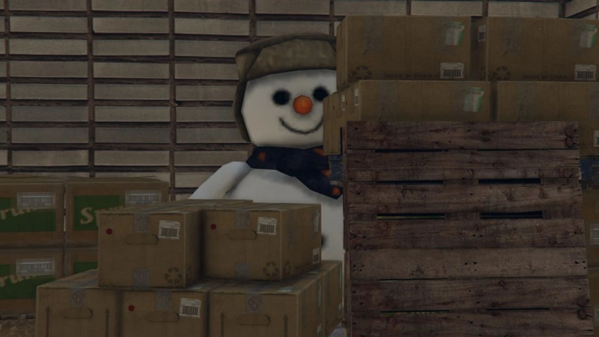 The snowman is silently hiding in a warehouse (Image via Rockstar Games)